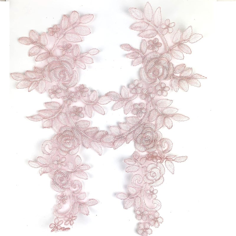 Worlds 1 Pair Pink Lace Fabric Patches Embroidery Applique Lace Floral Motif Wedding Dress Sewing Trims Decor 35 X 14.5cms - Image 2